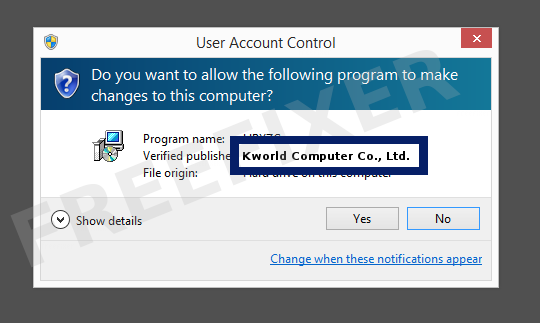 Screenshot where Kworld Computer Co., Ltd. appears as the verified publisher in the UAC dialog